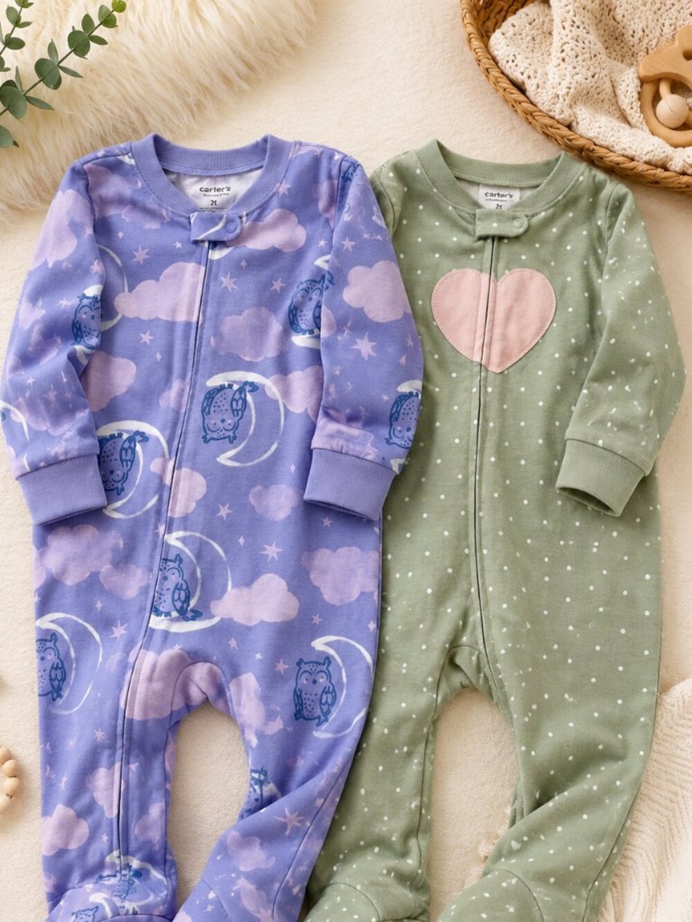 Carter's 2T Footed Pajamas Set of 2 Zip Sleepers Gripper Feet Long Sleeve